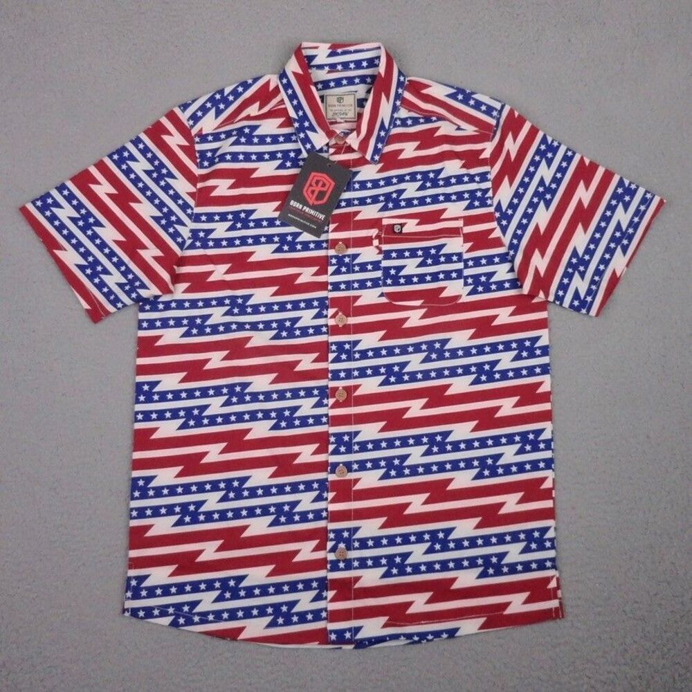 Born Primitive Shirt Mens Small Red White Blue Voyager Patriotic Flash Button Up